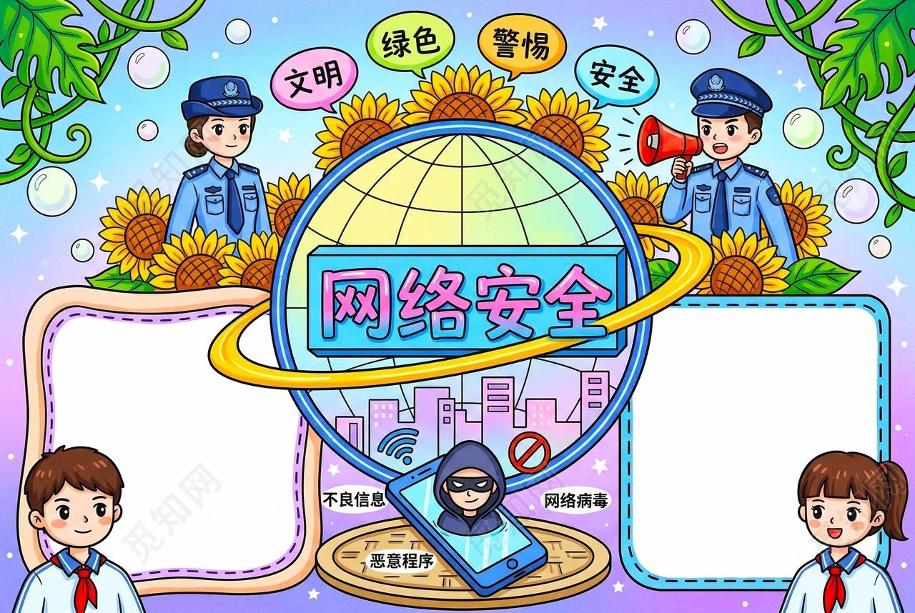 彩色卡通手绘网络安全小报手抄报小学生手抄报