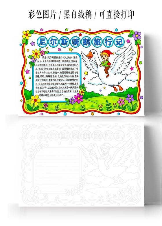 彩色卡通手绘尼尔斯骑鹅旅行记小报手抄报读书