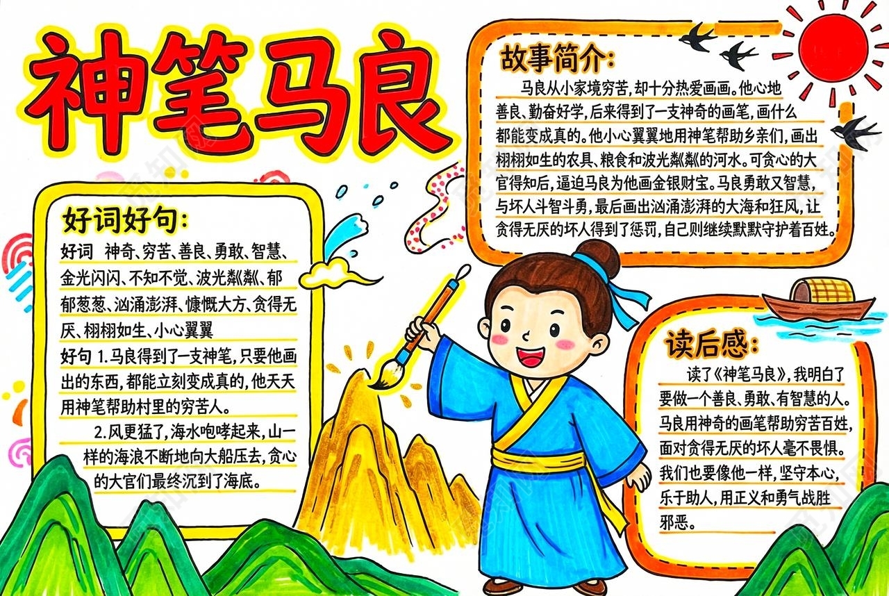 彩色卡通手绘神笔马良小报手抄报读书