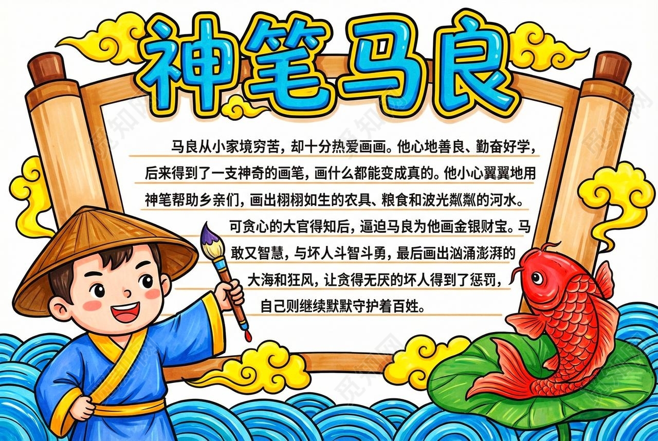 彩色卡通手绘神笔马良小报手抄报读书
