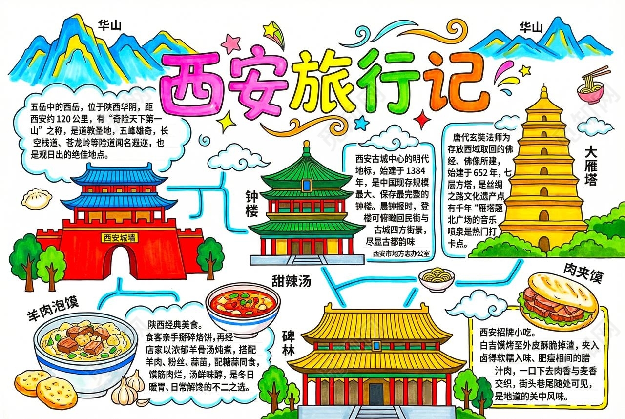 彩色卡通手绘西安旅行记小报手抄报小学生手抄报