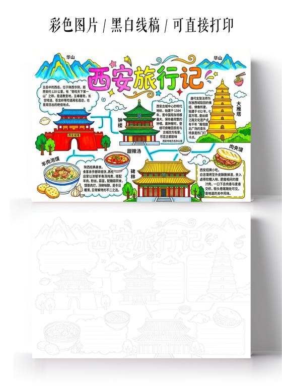 彩色卡通手绘西安旅行记小报手抄报小学生手抄报