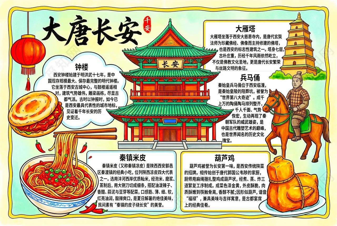 彩色卡通手绘大唐长安小报手抄报小学生手抄报