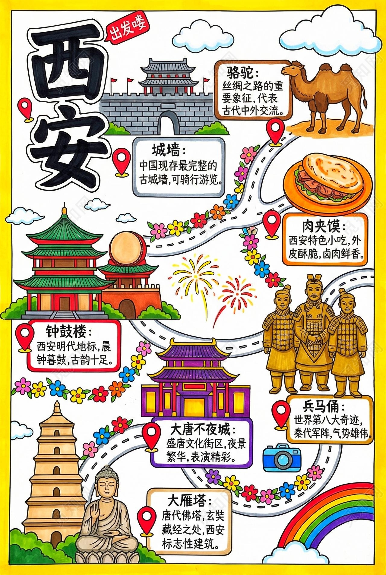 彩色卡通手绘西安小报手抄报小学生手抄报