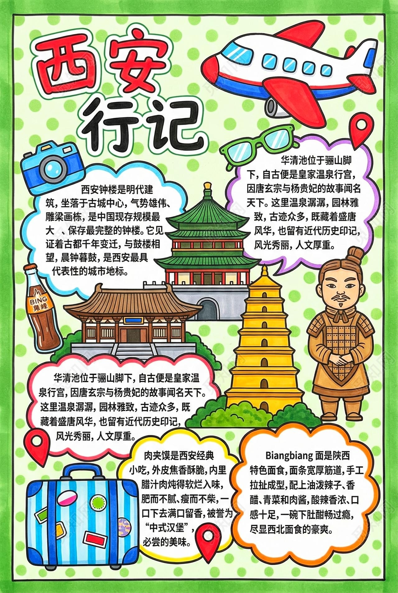 彩色卡通手绘西安旅行记小报手抄报小学生手抄报