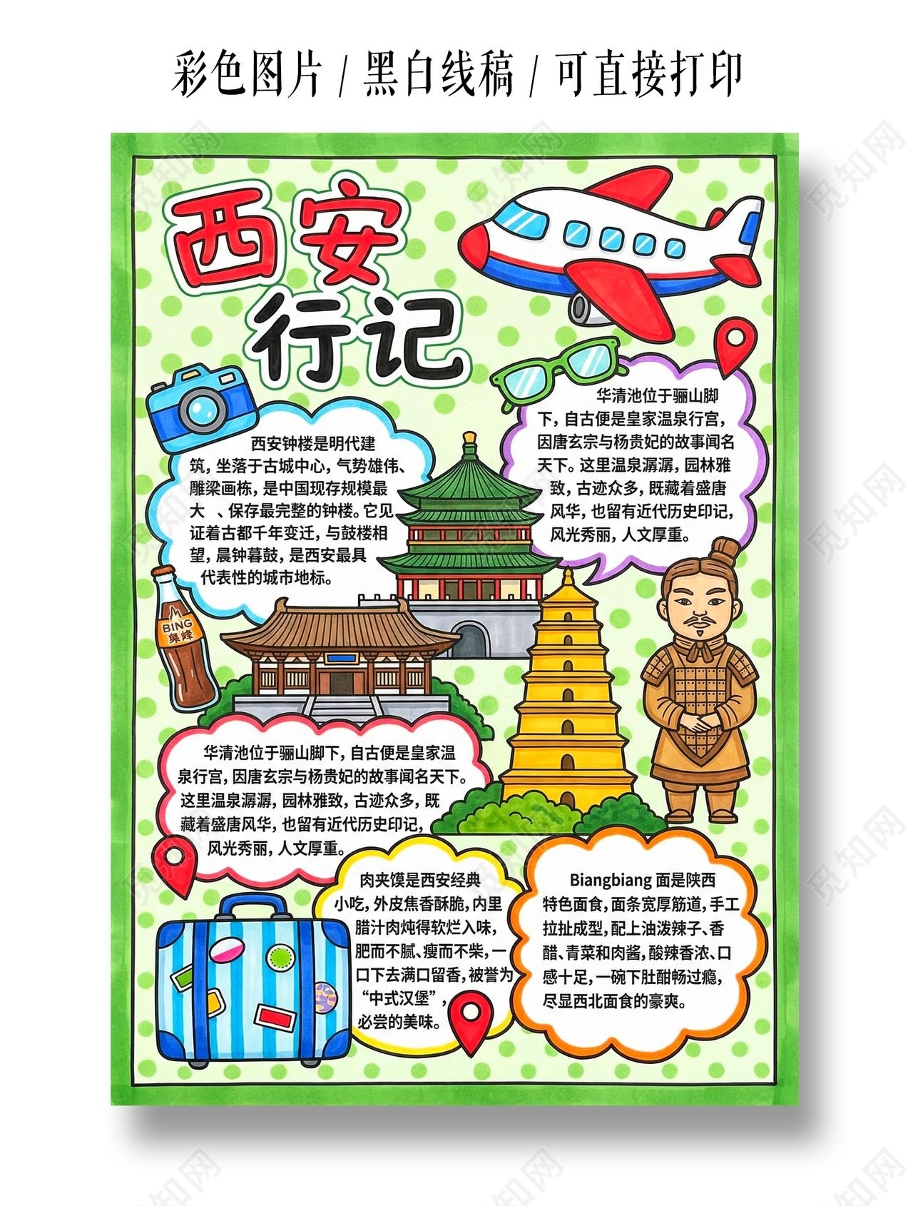 彩色卡通手绘西安旅行记小报手抄报小学生手抄报