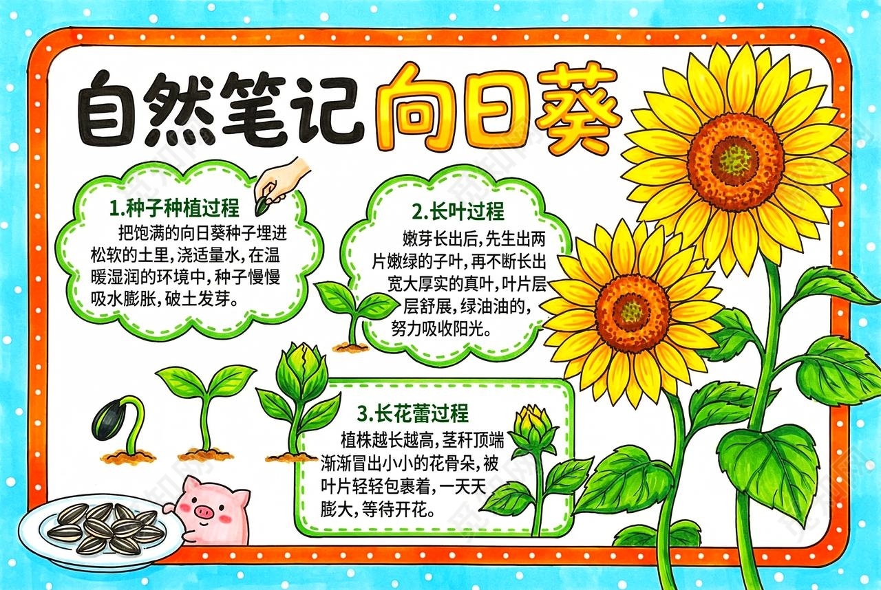 彩色卡通手绘自然笔记向日葵小报手抄报小学生手抄报