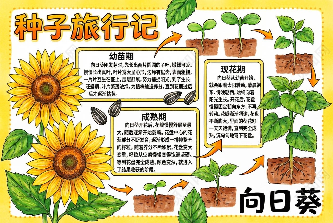 彩色卡通手绘种子旅行记小报手抄报小学生手抄报