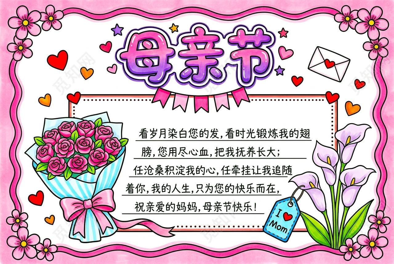 彩色卡通手绘母亲节小报手抄报小学生手抄报感恩母亲节