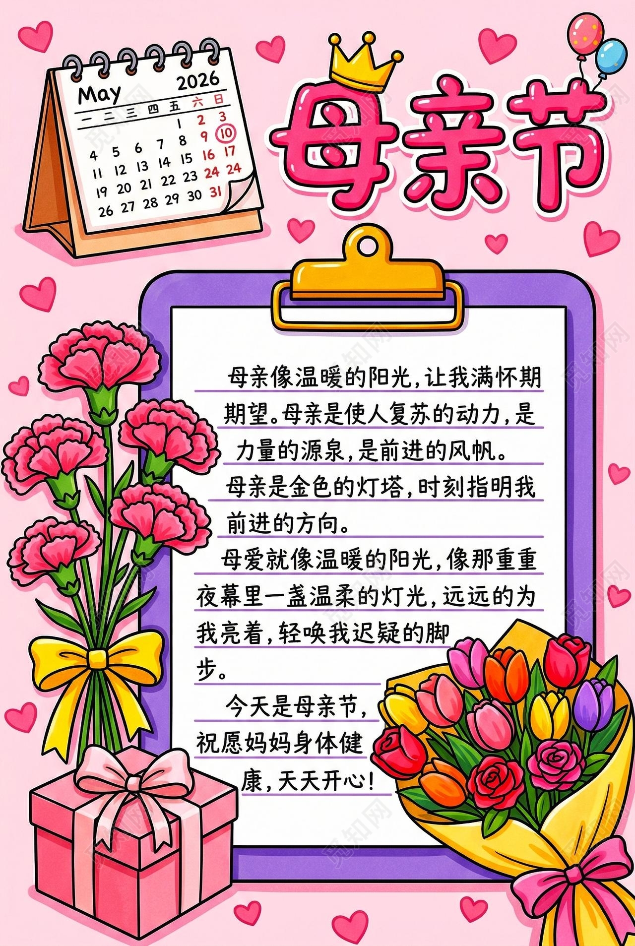 彩色卡通手绘母亲节小报手抄报小学生手抄报感恩母亲节