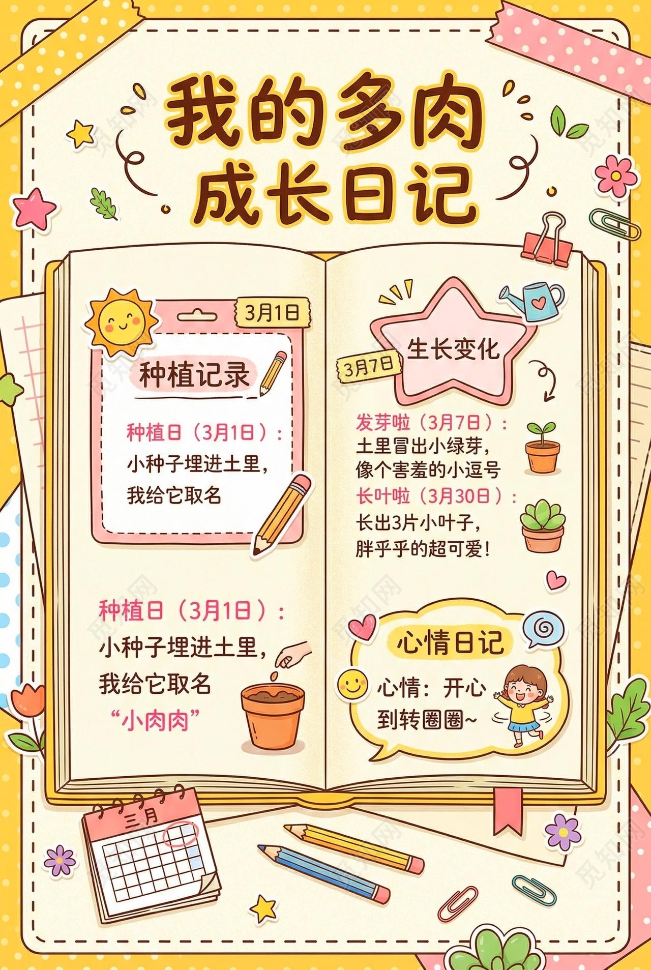 彩色卡通手绘我的多肉成长日记小报手抄报小学生手抄报