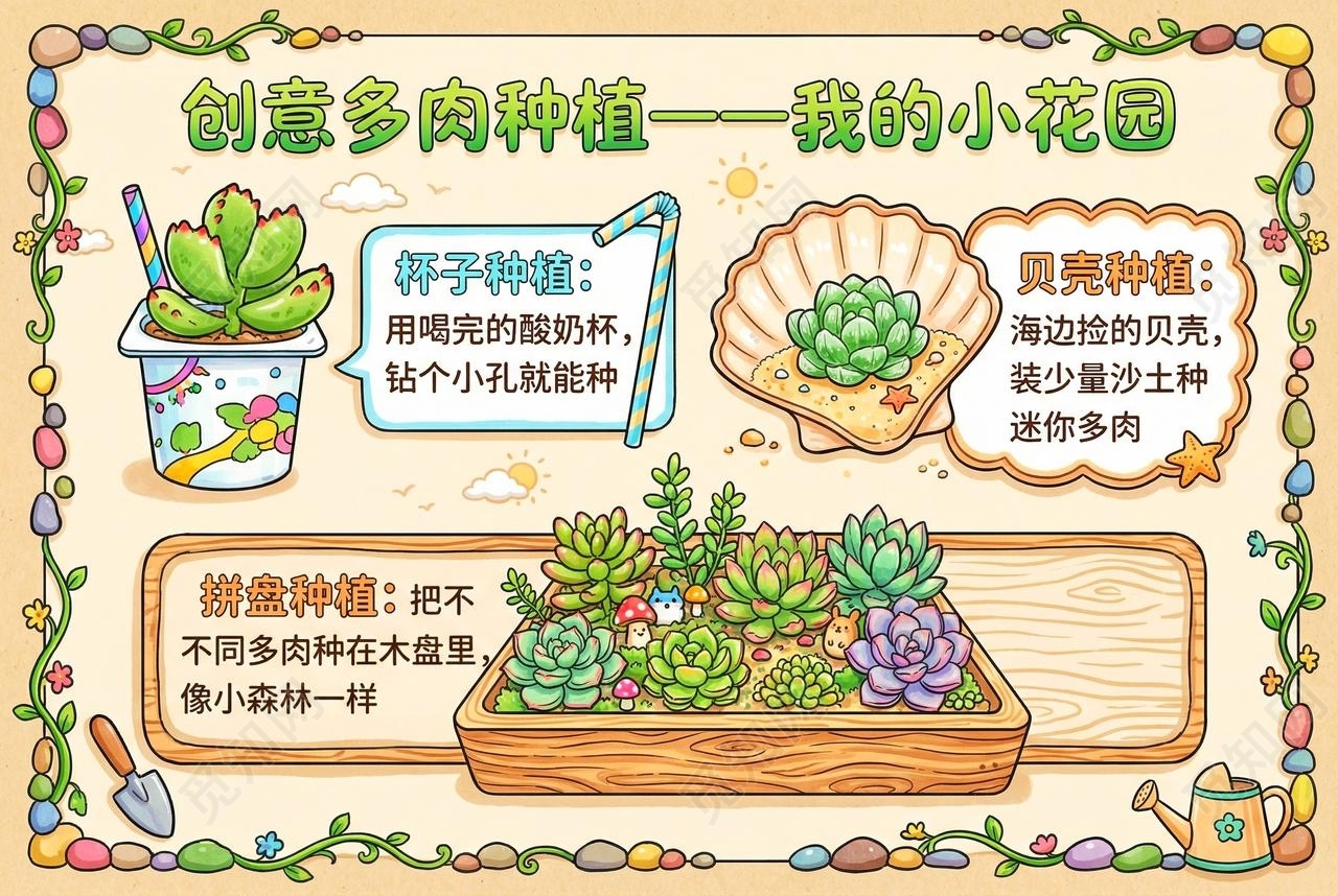 彩色卡通手绘创意多肉种植一一我的小花园小报手抄报小学生手抄报