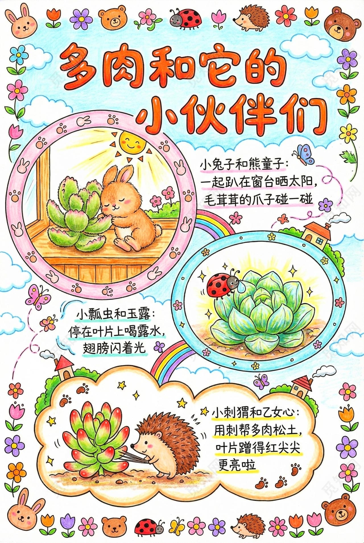 彩色卡通手绘多肉和它的小伙伴们小报手抄报小学生手抄报