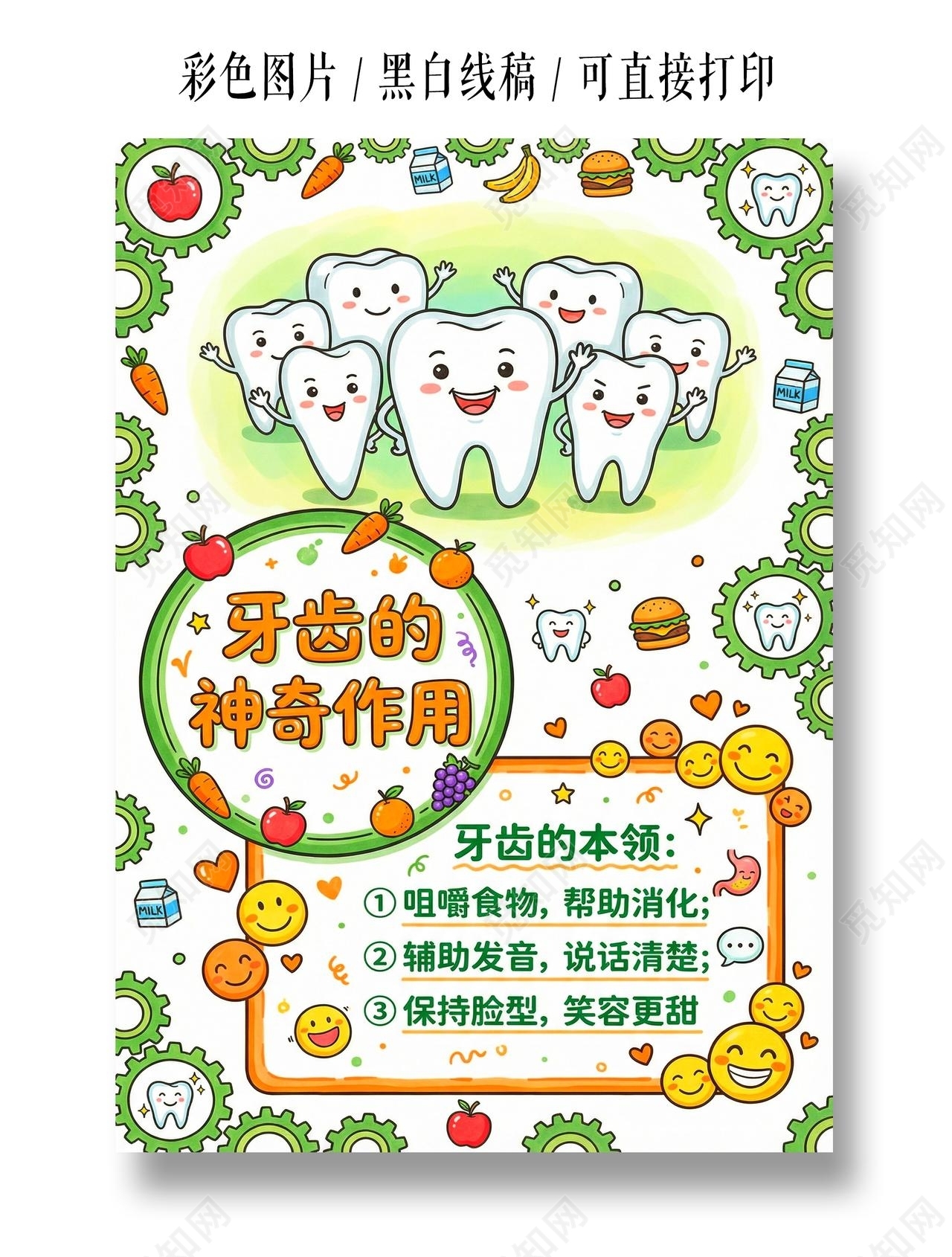 彩色卡通手绘牙齿的神奇作用小报手抄报小学生手抄报