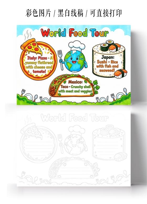 彩色卡通手绘英语美食指南小报手抄报小学生手抄报