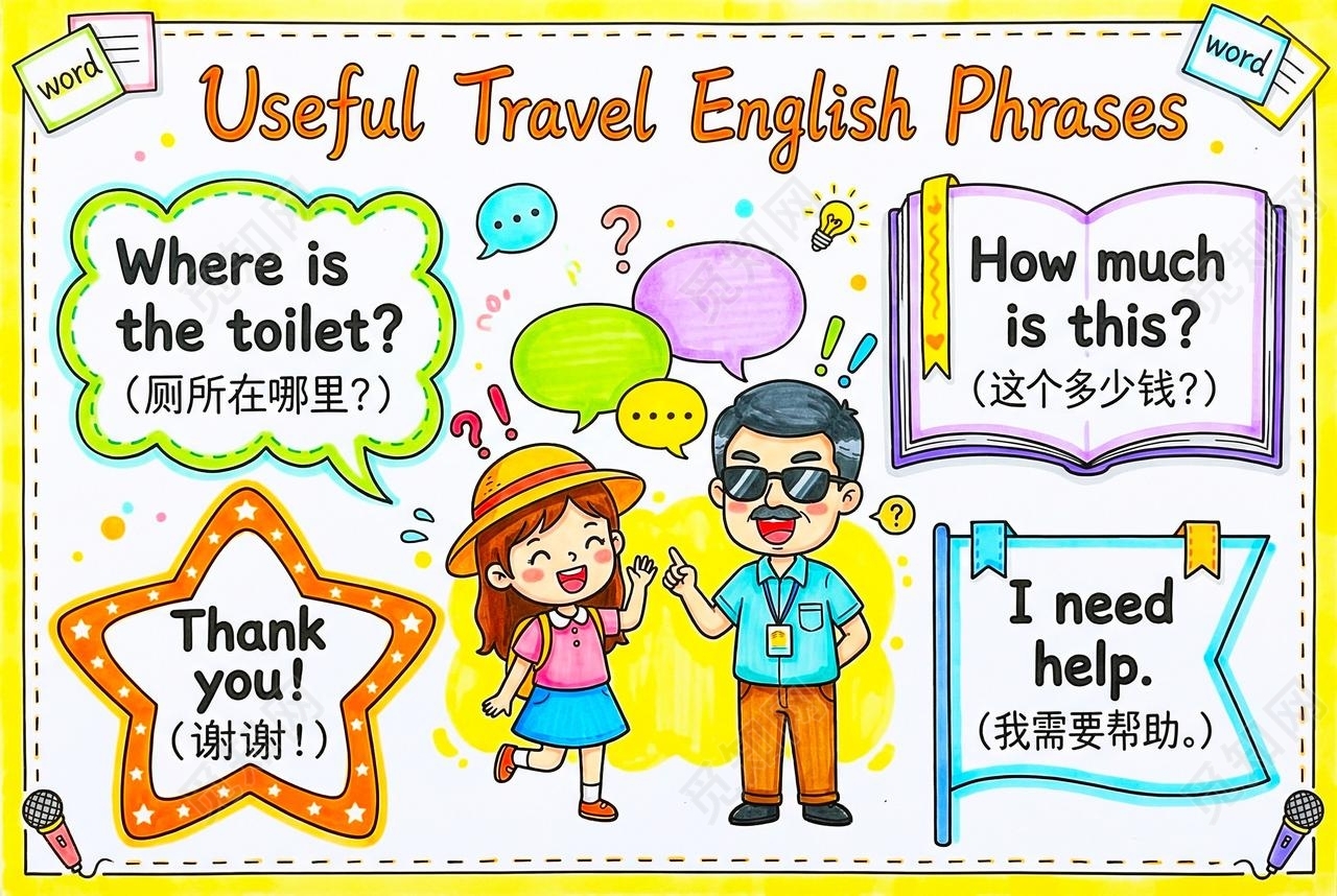 彩色卡通手绘英语旅游小报手抄报小学生手抄报