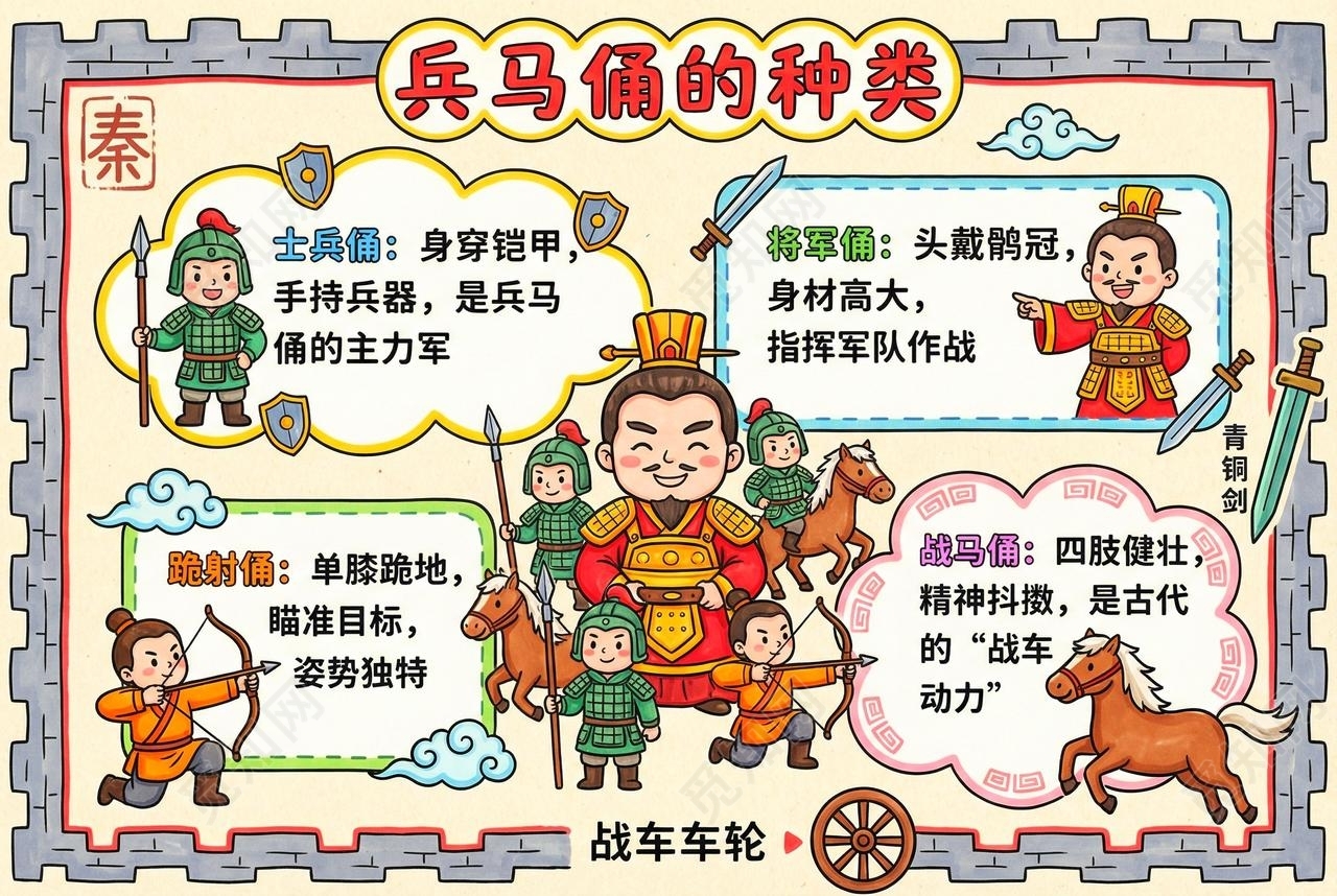 彩色卡通手绘兵马俑的种类小报手抄报小学生手抄报