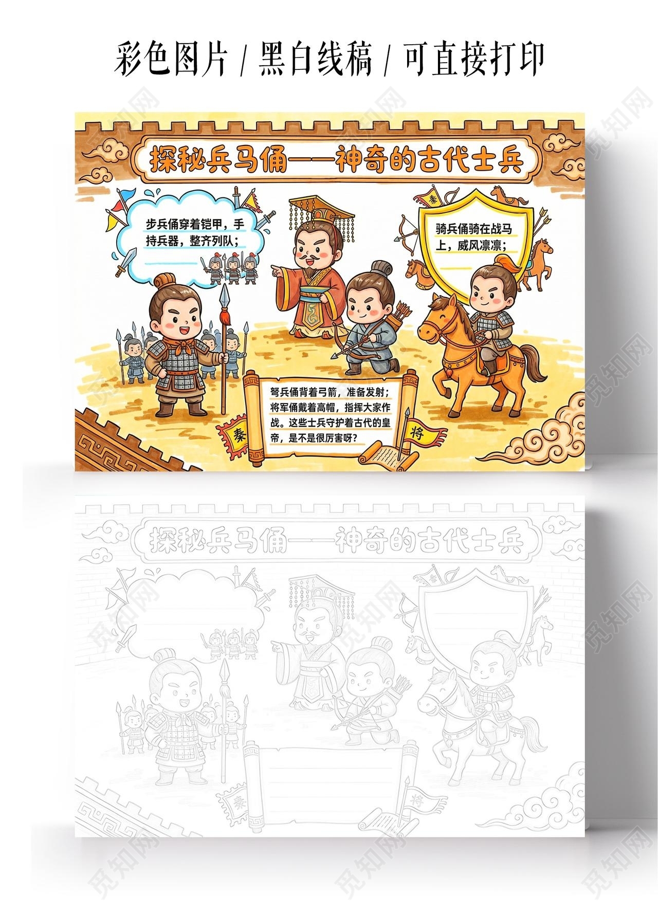 彩色卡通手绘探秘兵马俑神奇的古代士兵小报手抄报小学生手抄报