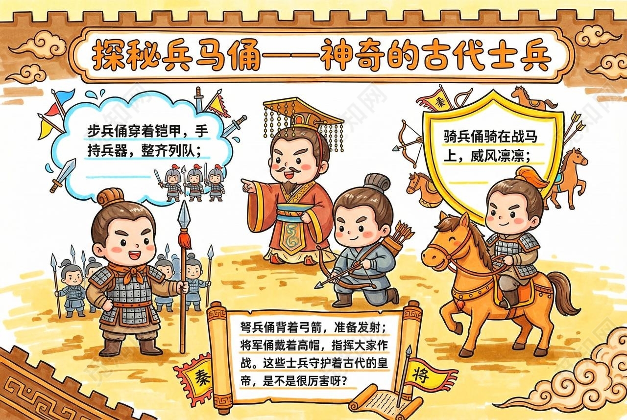 彩色卡通手绘探秘兵马俑神奇的古代士兵小报手抄报小学生手抄报