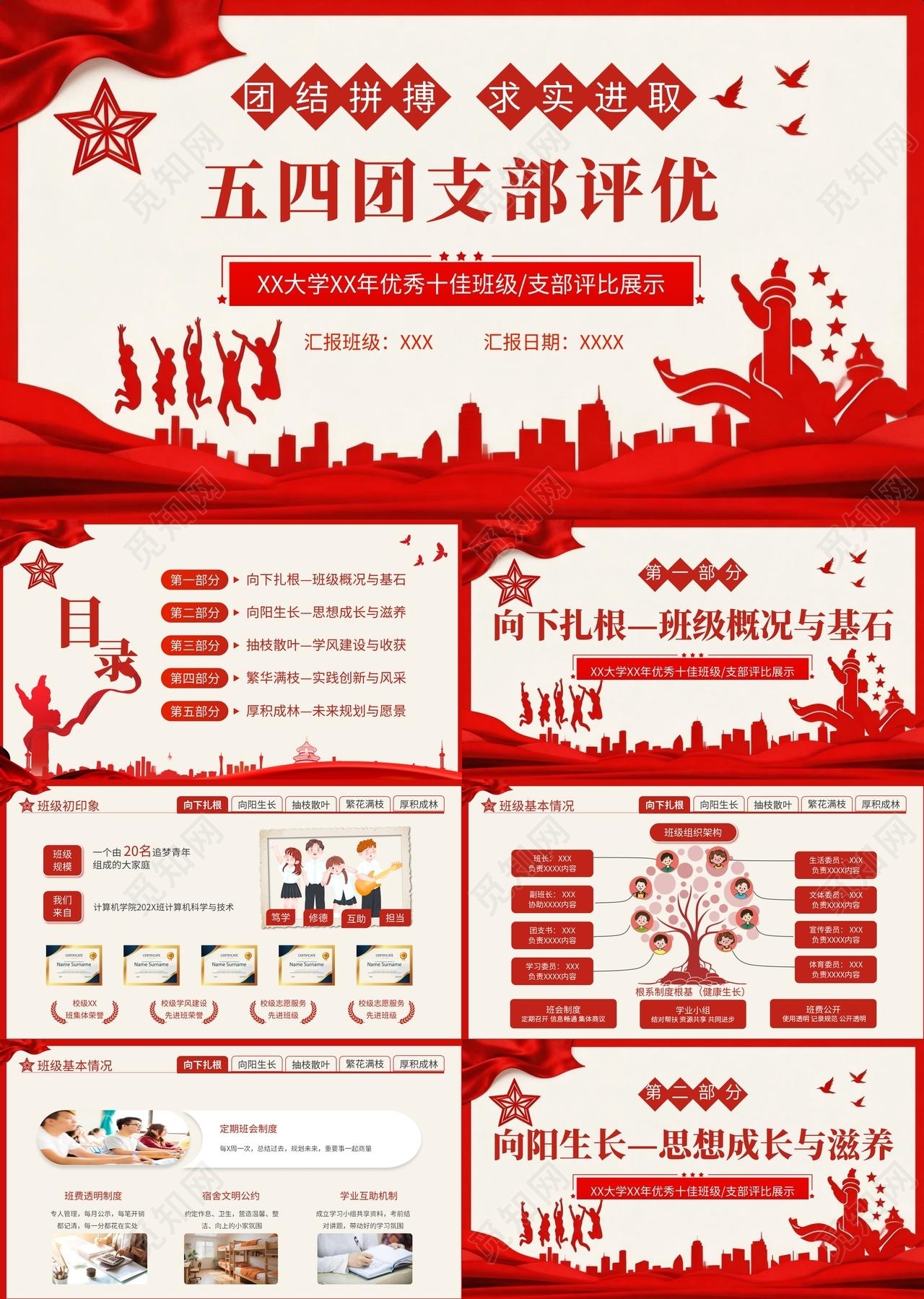 红色简约大气剪影五四优秀团支部评比五四团支部竞选PPT五四青年节