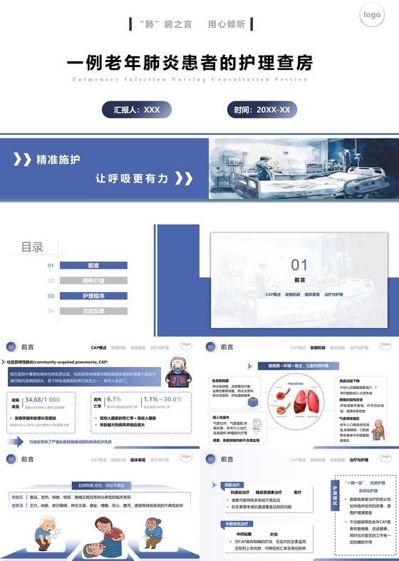 蓝色简洁卡通老年肺炎患者护理查房ppt