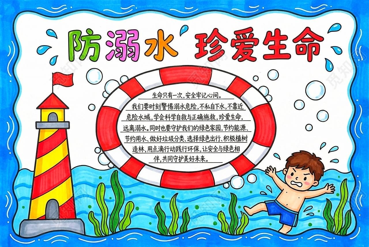 彩色卡通手绘防溺水珍爱生命小报手抄报夏天