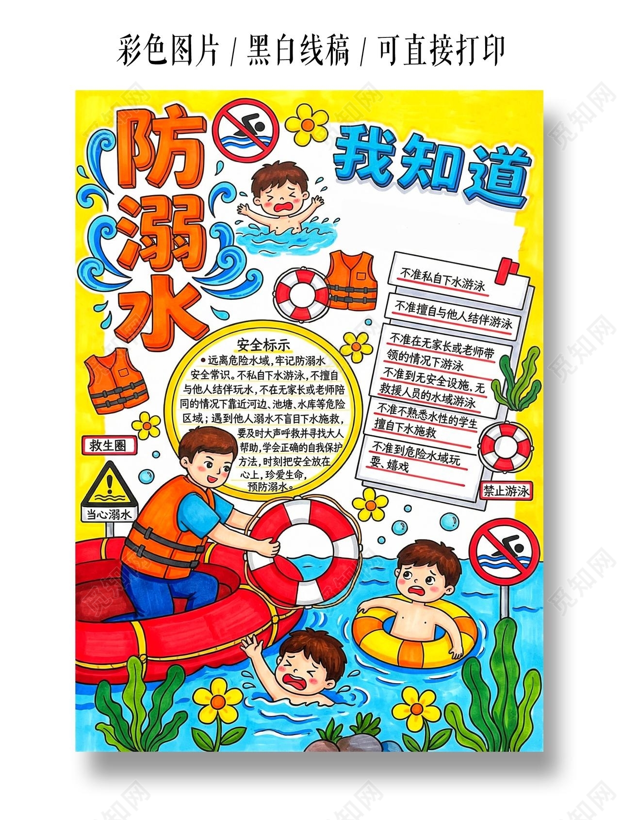 彩色卡通手绘防溺水我知道小报手抄报夏天