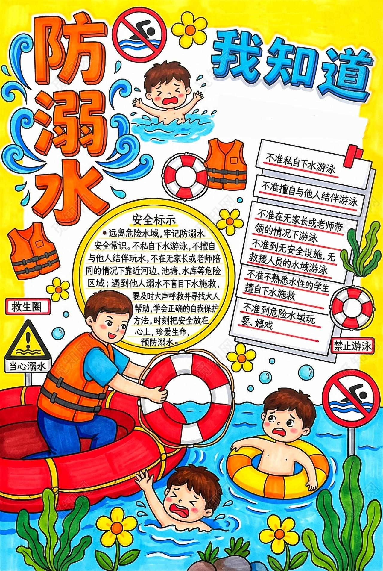彩色卡通手绘防溺水我知道小报手抄报夏天