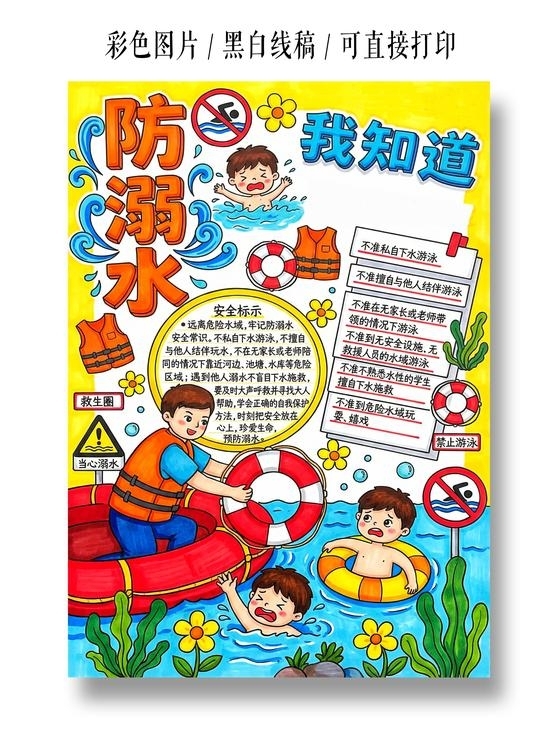 彩色卡通手绘防溺水我知道小报手抄报夏天