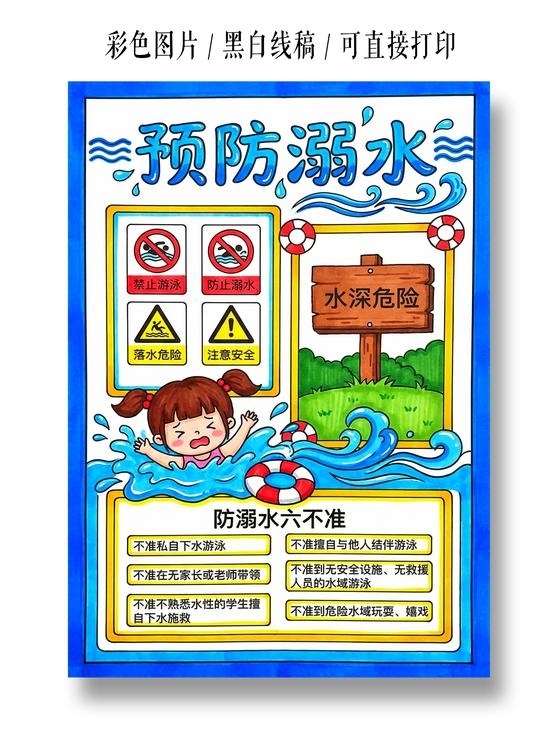彩色卡通手绘预防溺水小报手抄报夏天