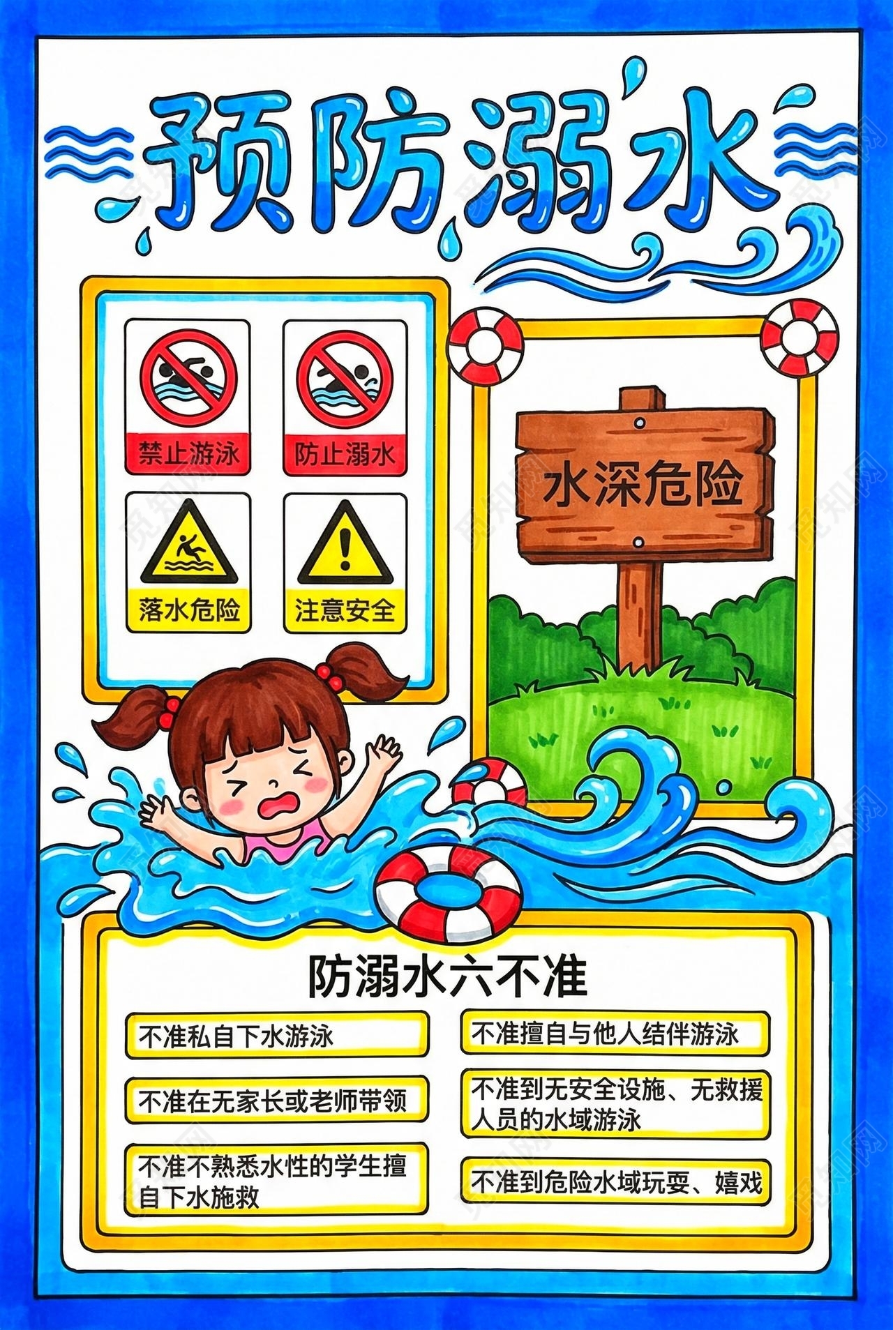 彩色卡通手绘预防溺水小报手抄报夏天