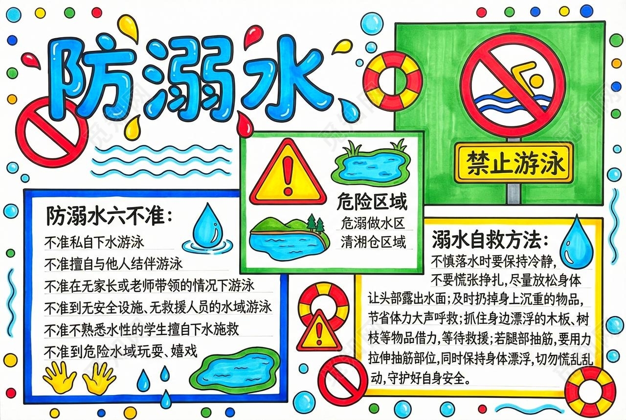 彩色卡通手绘防溺水小报手抄报夏天
