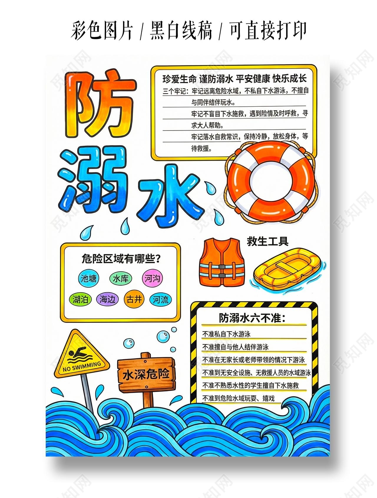 彩色卡通手绘防溺水小报手抄报夏天