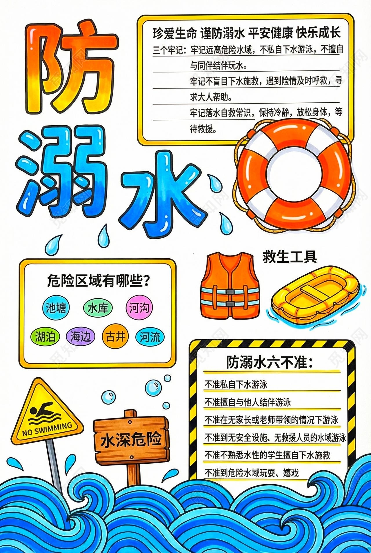 彩色卡通手绘防溺水小报手抄报夏天