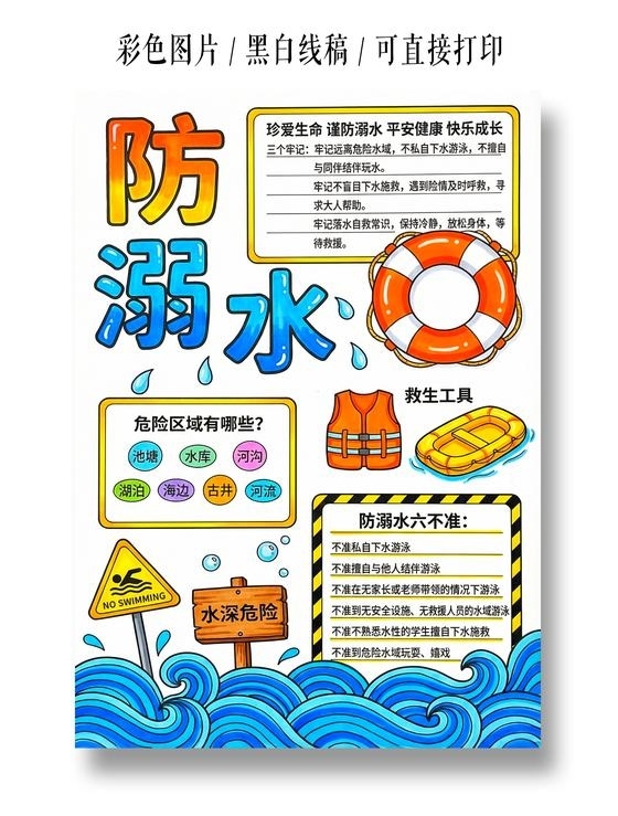 彩色卡通手绘防溺水小报手抄报夏天