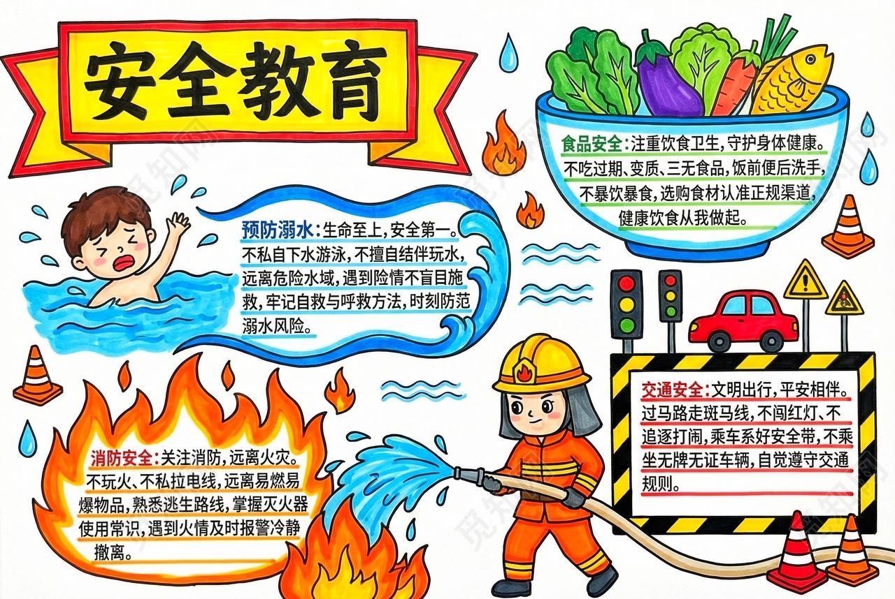 彩色卡通手绘安全教育小报手抄报夏天