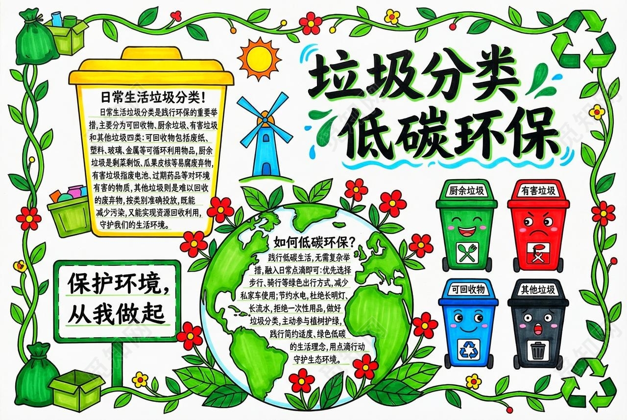 彩色卡通手绘垃圾分类低碳环保小报手抄报节能宣传周节能减排