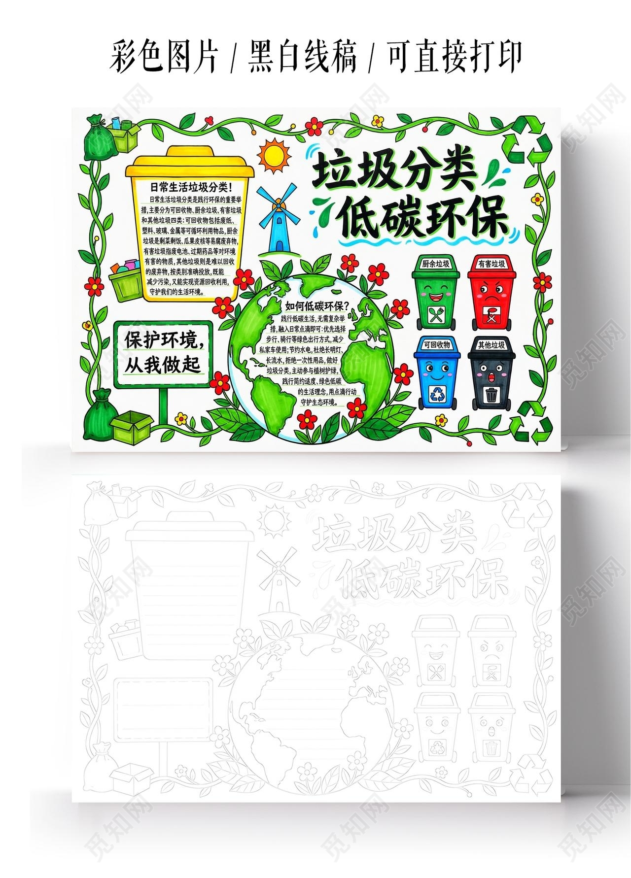 彩色卡通手绘垃圾分类低碳环保小报手抄报节能宣传周节能减排