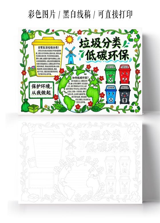 彩色卡通手绘垃圾分类低碳环保小报手抄报节能宣传周节能减排