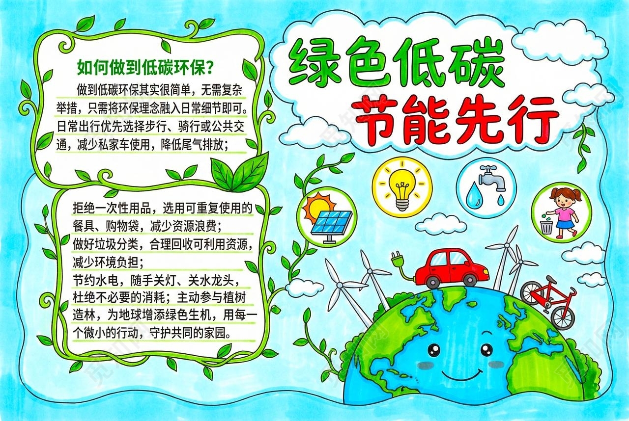 彩色卡通手绘绿色低碳节能先行小报手抄报节能宣传周节能减排
