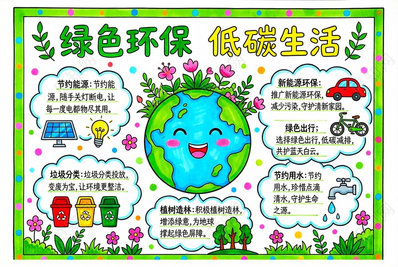 彩色卡通手绘绿色环保低碳生活小报手抄报节能宣传周节能减排
