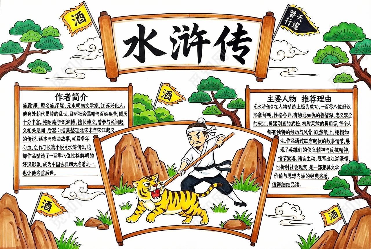 彩色卡通手绘水浒传小报手抄报读书
