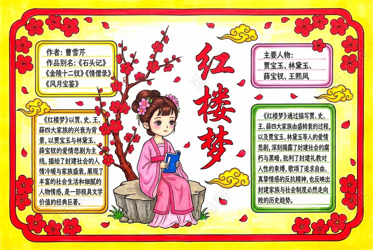 彩色卡通手绘红楼梦小报手抄报读书