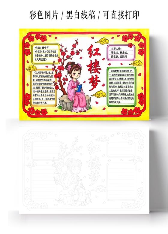 彩色卡通手绘红楼梦小报手抄报读书