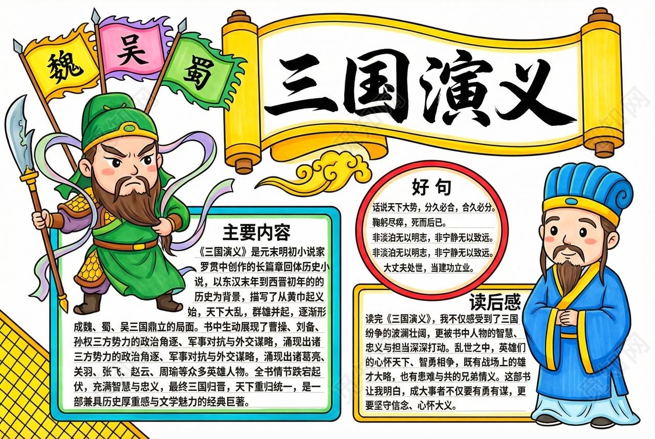 彩色卡通手绘三国演义小报手抄报读书