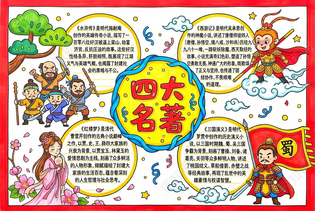 彩色卡通手绘四大名著小报手抄报读书
