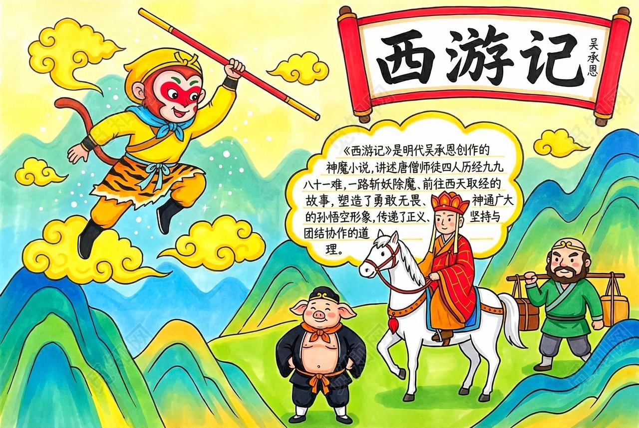 彩色卡通手绘西游记小报手抄报读书
