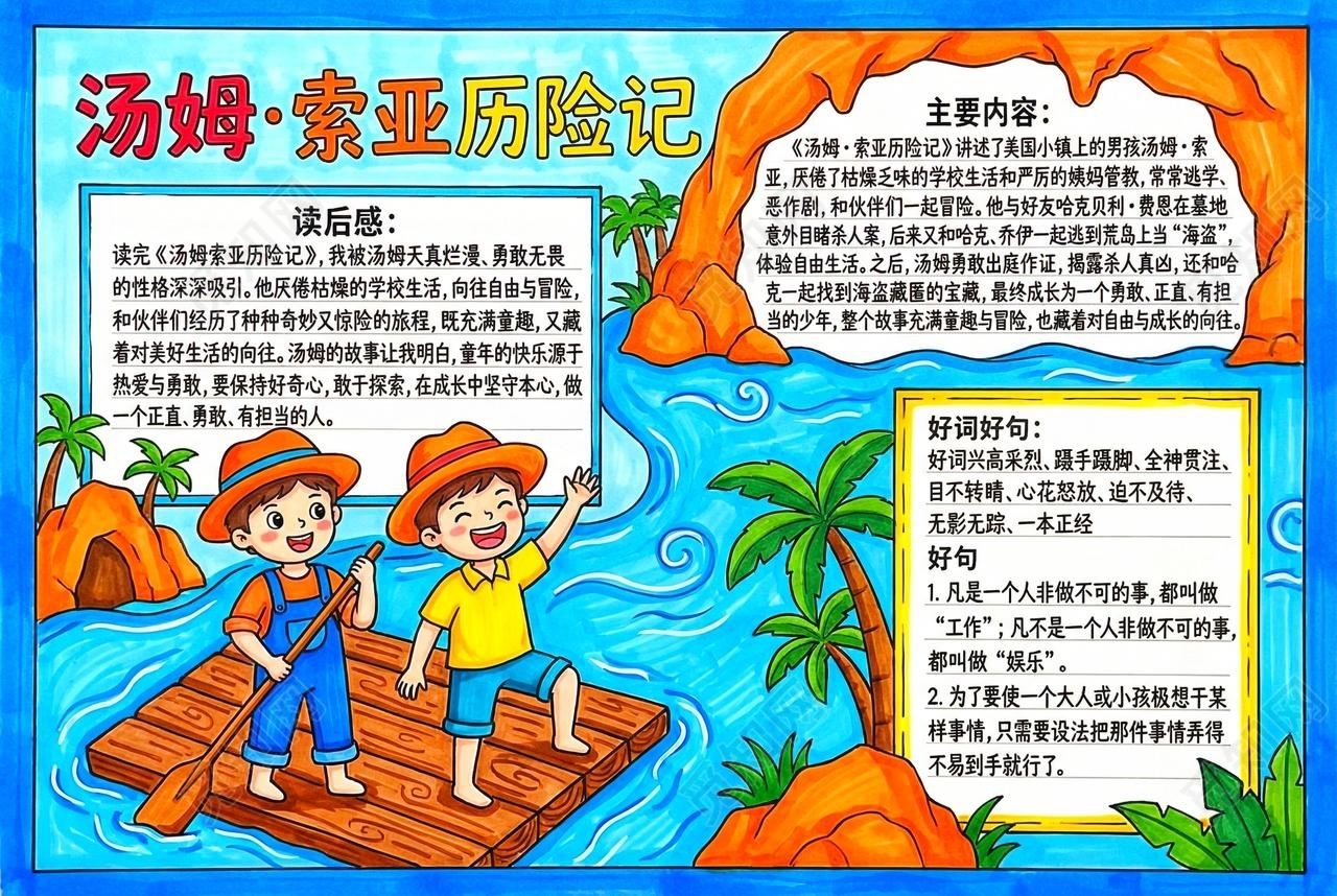 彩色卡通手绘汤姆索亚历险记小报手抄报读书