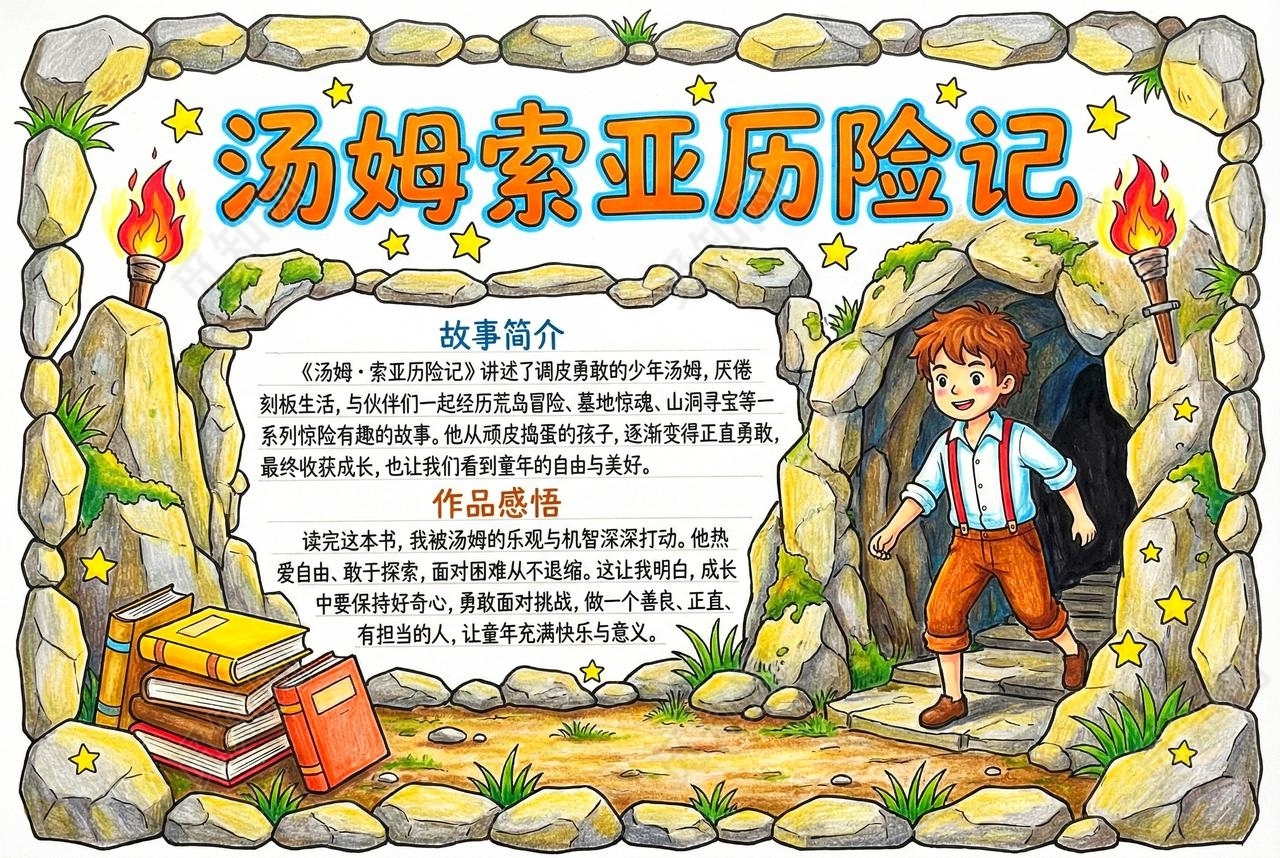 彩色卡通手绘汤姆索亚历险记小报手抄报读书