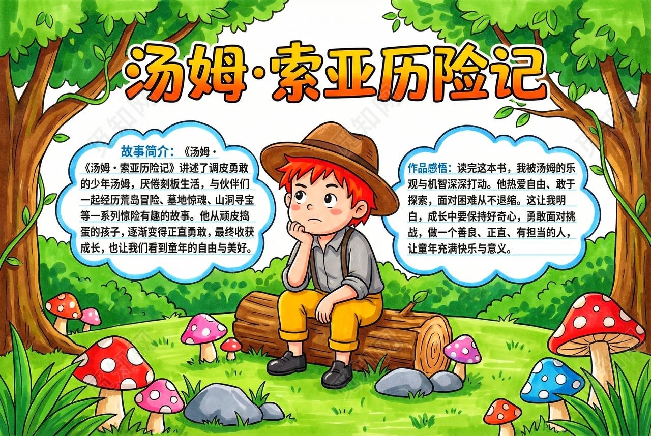 彩色卡通手绘汤姆索亚历险记小报手抄报读书